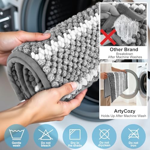 ArtyCozy Chenille Bathroom Rugs 3 Pieces, Grey, 17"×24", 20"×48"