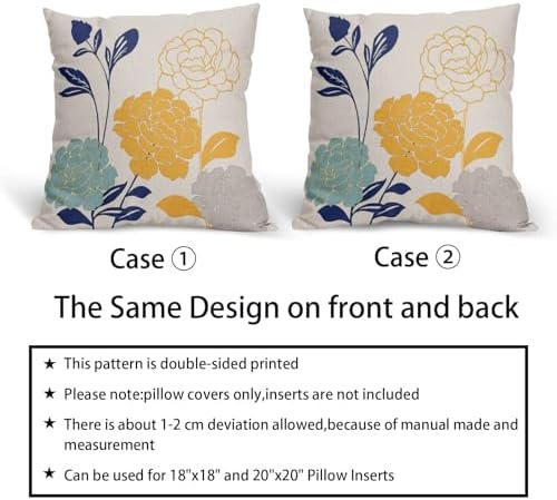 Flowers Outdoor Pillow Covers 22x22 Set of 2, Teal Grey Mustard Yellow