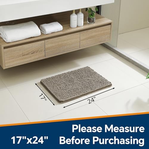 Chenille Bathroom Rug 17"x24" Taupe, Non-Slip Plush Bath Mat