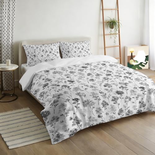 3 Pieces Bedding Set Queen Size, Grey Floral Soft Duvet Covers Set