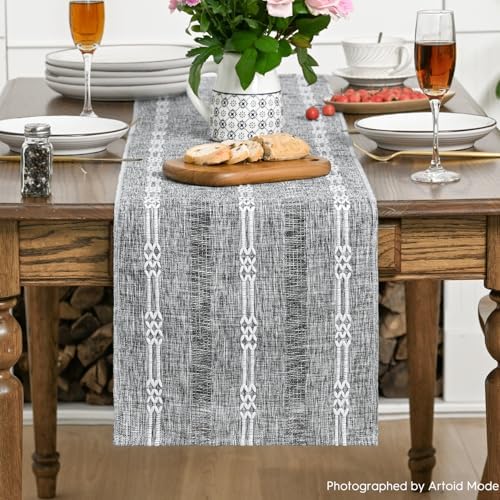 Artoid Mode Dark Grey Farmhouse Embroidered Hollow Table Runner