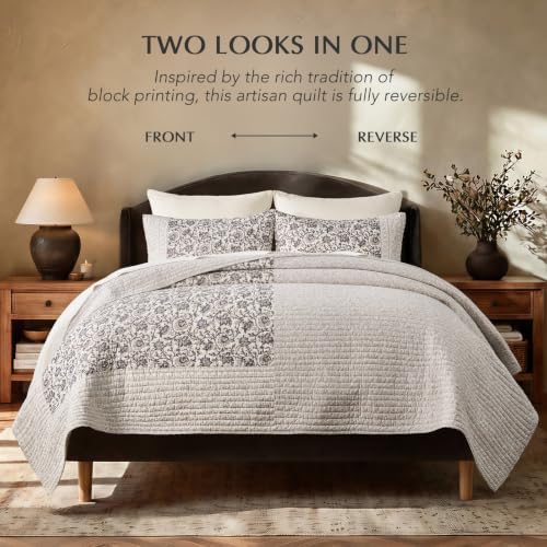 EverGrace 100% Cotton Floral Quilt Set, King Size, Taupe Warm Gray