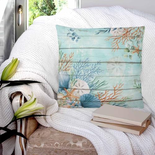 Pillow Covers 16x16 Set of 2, Teal Beach Coastal Throw Pillow Covers