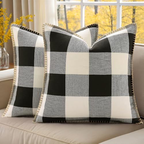 decorUhome Fall Plaid Linen Throw Pillow Covers 22x22 Set of 2 Black