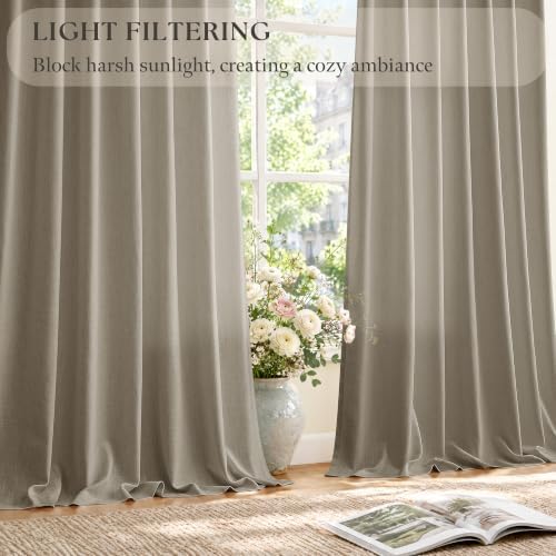 Taupe Pinch Pleated Semi Sheer Linen Curtain 96 Inch Long for Living