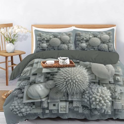 3D Modern Geometric Duvet Cover Set Queen, Gray 3 Pieces Bedding Sets