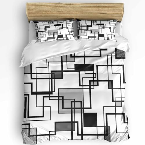 Duvet Cover Set Queen, Modern Abstract Square Stripes 3 Piece Bedding