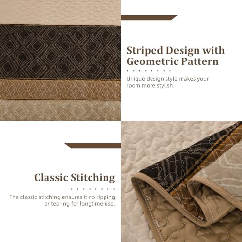 Cottolester Light Brown King Quilt Set,3 Pcs Boho Striped Plaid