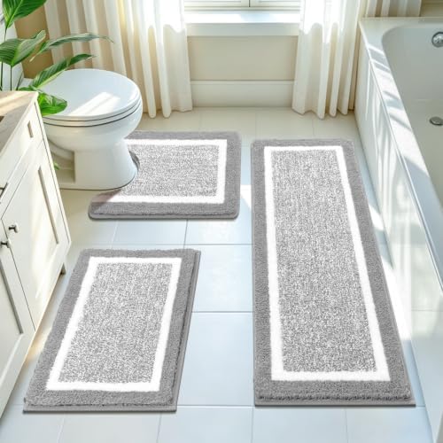 Pauwer Bathroom Rugs 3 Piece Set, Non Slip Washable Bath Mat, Light