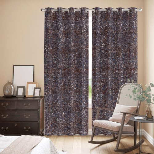 Brown Window Curtains Panels with Silver Grommet, Farmhouse Vintage
