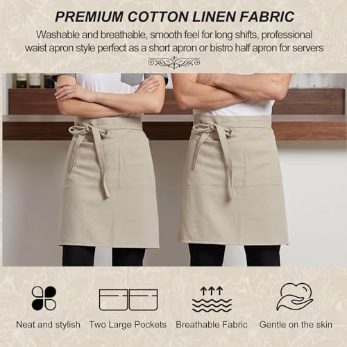 Half Apron for Women Men Cotton Linen with 2 Large Pockets Waist Short