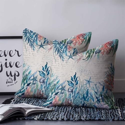 Coastal Green Seaweed Pillow Covers 20x20 Set of 2, Summer Beach Coral