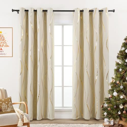 L.Z.E Cream and Gold Curtains for Bedroom Living Room, Elegant