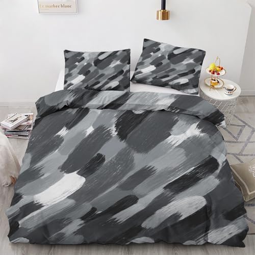 Grey Duvet Cover Queen Size, Abstract Brush Strokes Bedding Set