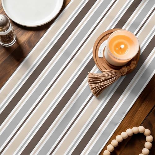 Khaki Grey Striped Table Runner 120 Inches Long for Dining Table