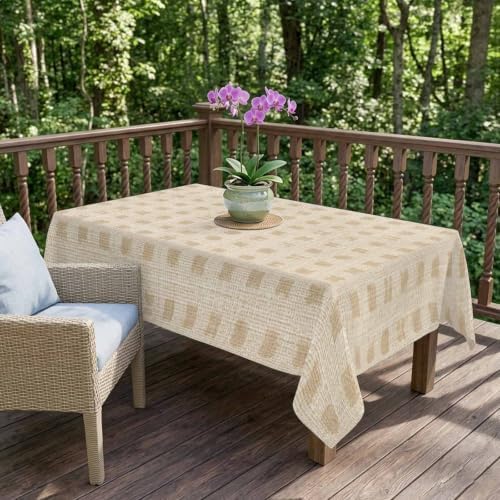 Beige Block on Linen Waterproof Tablecloth Rectangle Washable Table