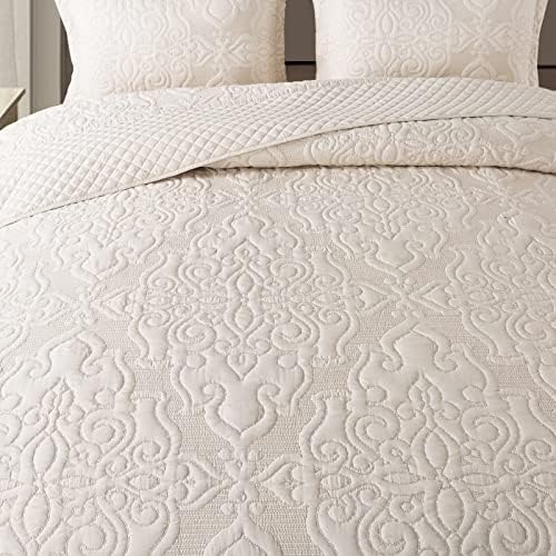 NEWLAKE Quilt Bedspread Set, Beige Jacquard Embossed Floral Pattern