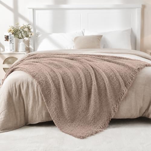 Knit Throw Blanket 50x60, Soft Fuzzy Fringe, Taupe