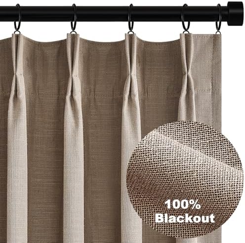 Topfinel Linen Blackout Curtains 96 Inch Long, Pinch Pleat Rustic