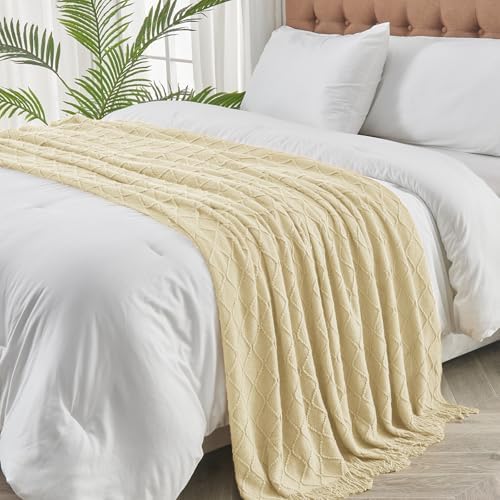 inhand Cloud Cream Knitted Throw Blanket for Couch and Bed, 50"x60"