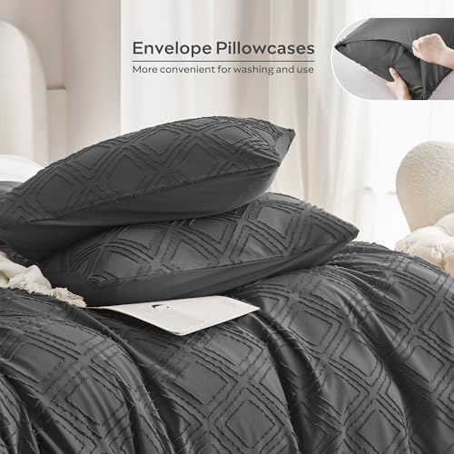 JELLYMONI Dark Grey Grid Tufted Duvet Cover Set Full Size