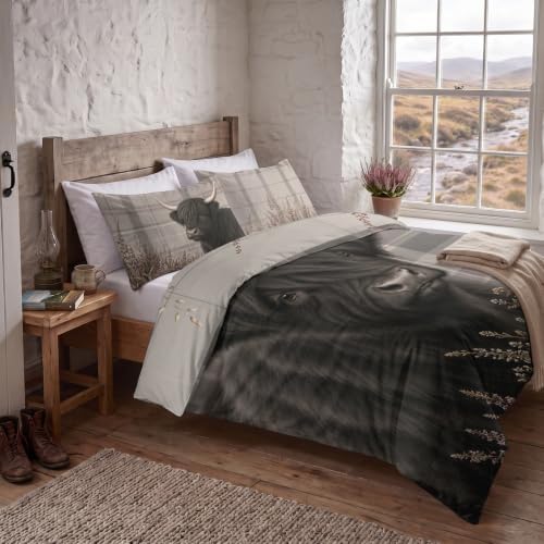 Highland Cow Duvet Cover Set King 104x90, Black Plaid Bedding