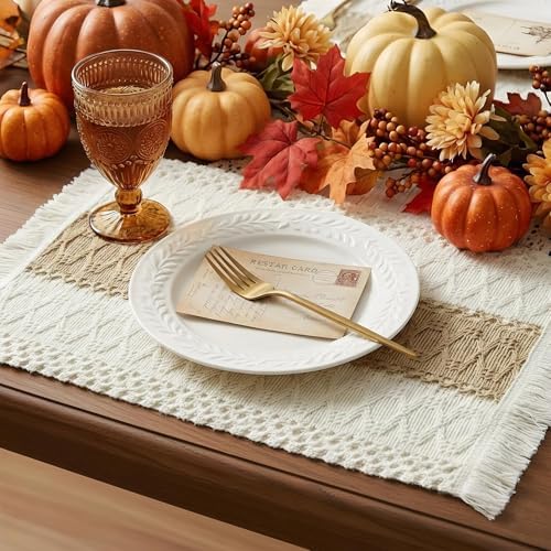Garvee Boho Crochet Tassel Placemats Set of 12, Linen-Cotton Macrame