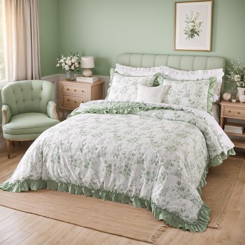 Brandream King Duvet Cover Set, 100% Cotton Sage Green Floral Bedding