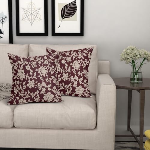 Burgundy Red Floral Pillow Covers 18x18 Set of 2 Brown Cream Vintage