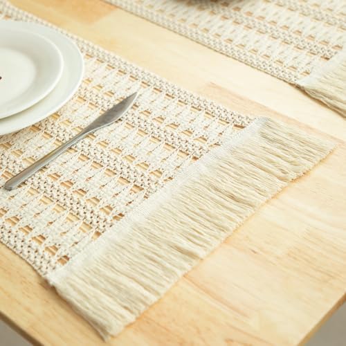 Handmade Boho Placemats Set of 6 - Natural Cotton Burlap and Water