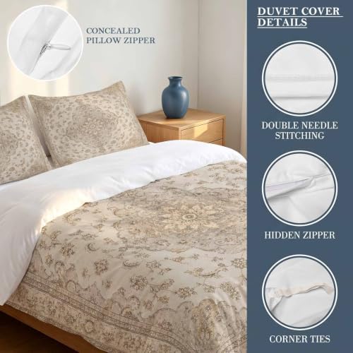 Beige Flowers Boho Duvet Cover Set 3 Pieces with Zipper Closure