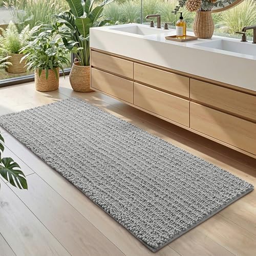 DEXI Chenille Bathroom Runner Rugs 60x24, Bath Mat Non Slip, Light