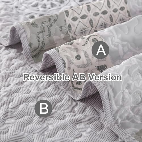 Dobuyly Queen Size Quilt Set Boho Grey Beige Plaid Patchwork