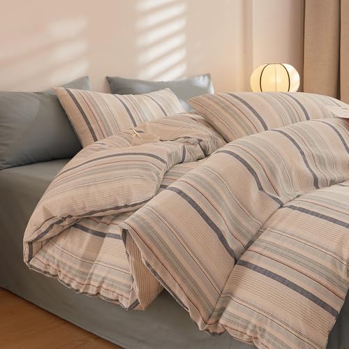 HighBuy Blue Grey Striped Duvet Cover Set King 100% Washed Cotton
