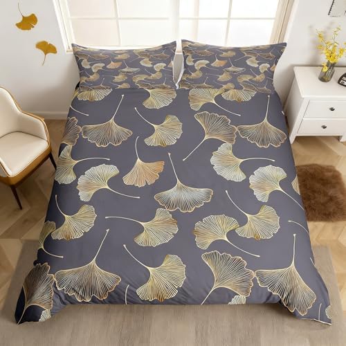 Ginkgo Leaf Duvet Cover Set King Size,Rustic Leaves Autumn Plant