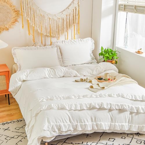 CCoutueChen White Ruffle Duvet Cover Queen 3Pcs Shabby Chic Farmhouse