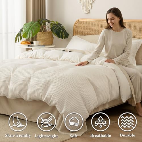 David's Home Textured Waffle Weave Duvet Cover Set, Twin, Cannoli