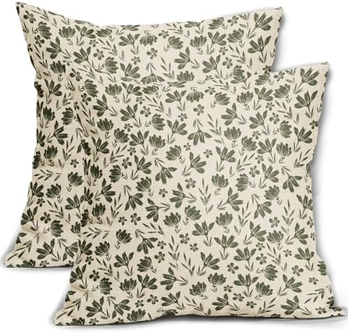 Olive Green Floral Pillow Covers 20x20 Set of 2 Vintage Rustic Old