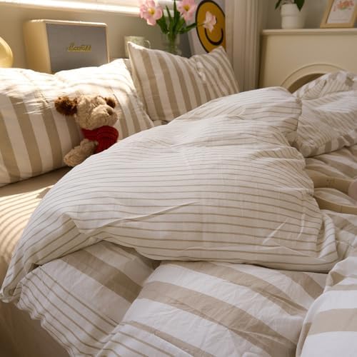 EAVD Retro Striped Duvet Cover Set Twin XL Khaki White Washed