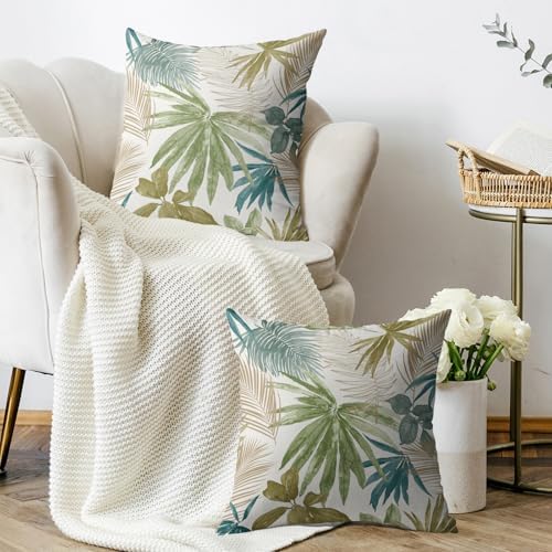 Tropical Pillow Covers 22X22 Set of 2, Green Blue Teal Brown Palm Leaf