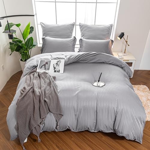 Hotel Duvet Cover King Size Grey Satin Pin Striped 3 Piece Set