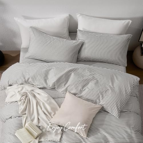 JELLYMONI 100% Cotton Classic Striped TwinXL Duvet Cover Set, Grey