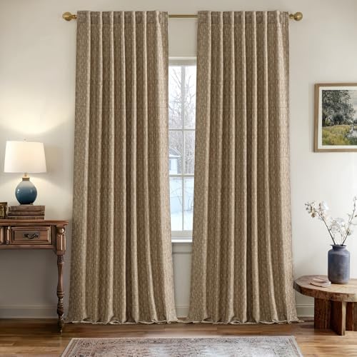 MIULEE Patterned Farmhouse Linen Curtains, Back Tab, 52Wx96L, Brown