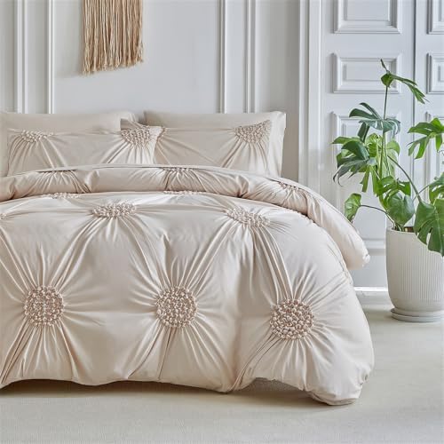 Tufted Queen Duvet Cover Set, 3 Pieces Solid Color Pinch Pleat