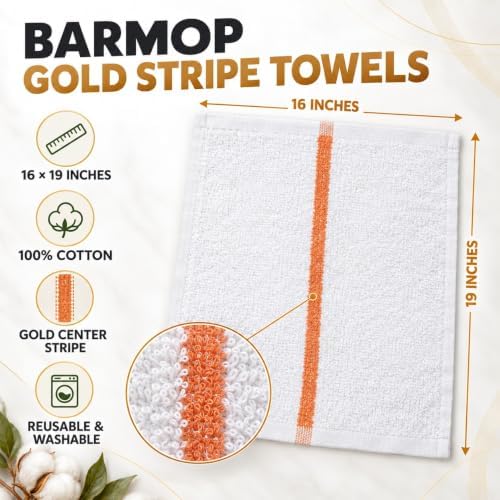 Bar Mop Towels 12 Pack, 16x19 Inch 100% Cotton Gold Stripe Kitchen