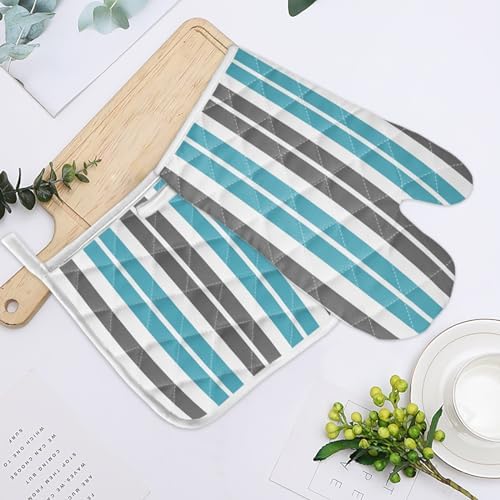 Quilted Cotton Terry Cloth Oven Mitt, Pot Holder Gray Blue Stripes