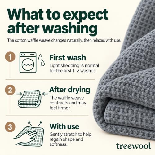 TreeWool 100% Cotton Waffle Weave Blanket, Queen 90"x90", Silver Gray