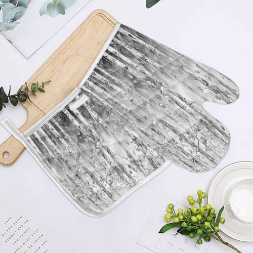 Quilted Cotton Terry Cloth Oven Mitt, Pot Holder Branch Grey Leaves