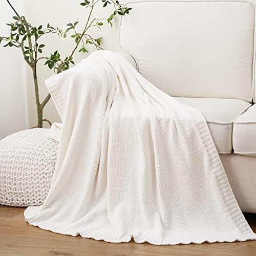 Chenille Throw Blanket for Couch, Knit Throw Blanket 51"x67", Ivory