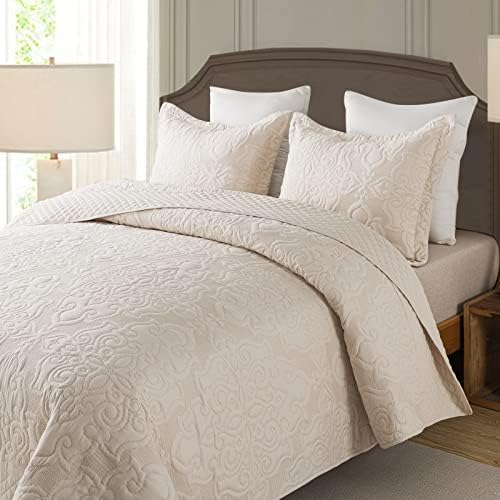 NEWLAKE Quilt Bedspread Set, Beige Jacquard Embossed Floral Pattern